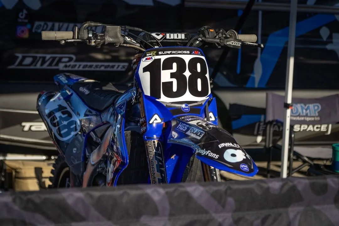 Front view of the DPMX number 138 race bike